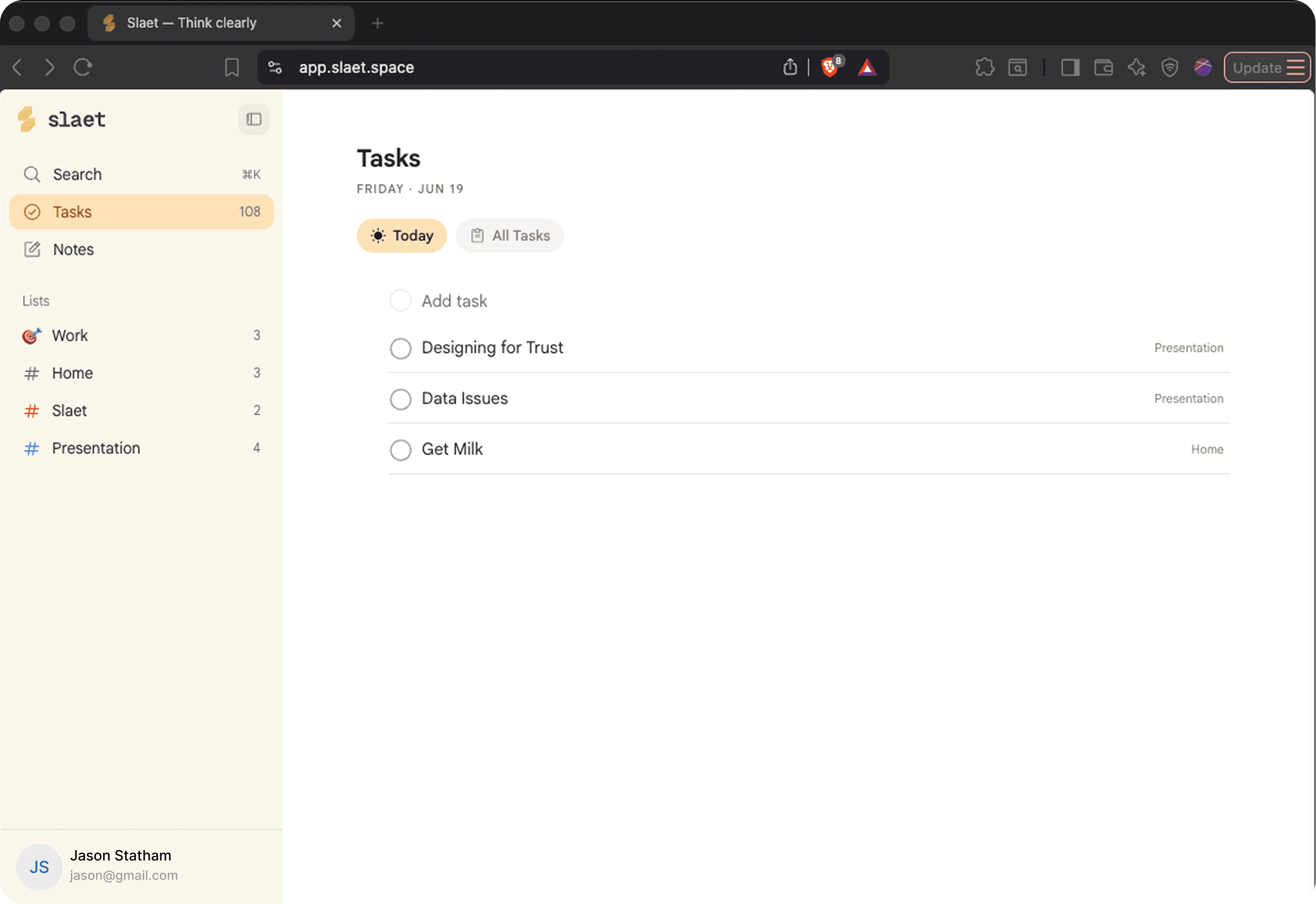 Slaet full app — tasks, notes, lists