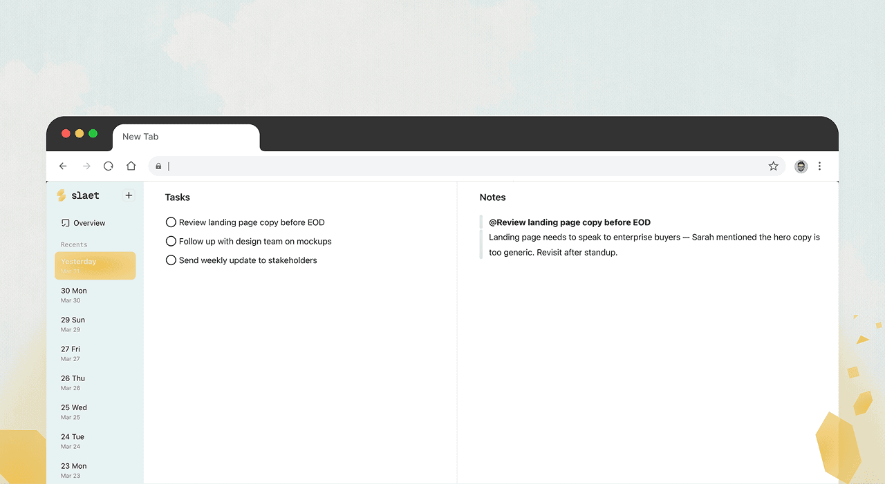 Tasks and notes in Slaet new tab