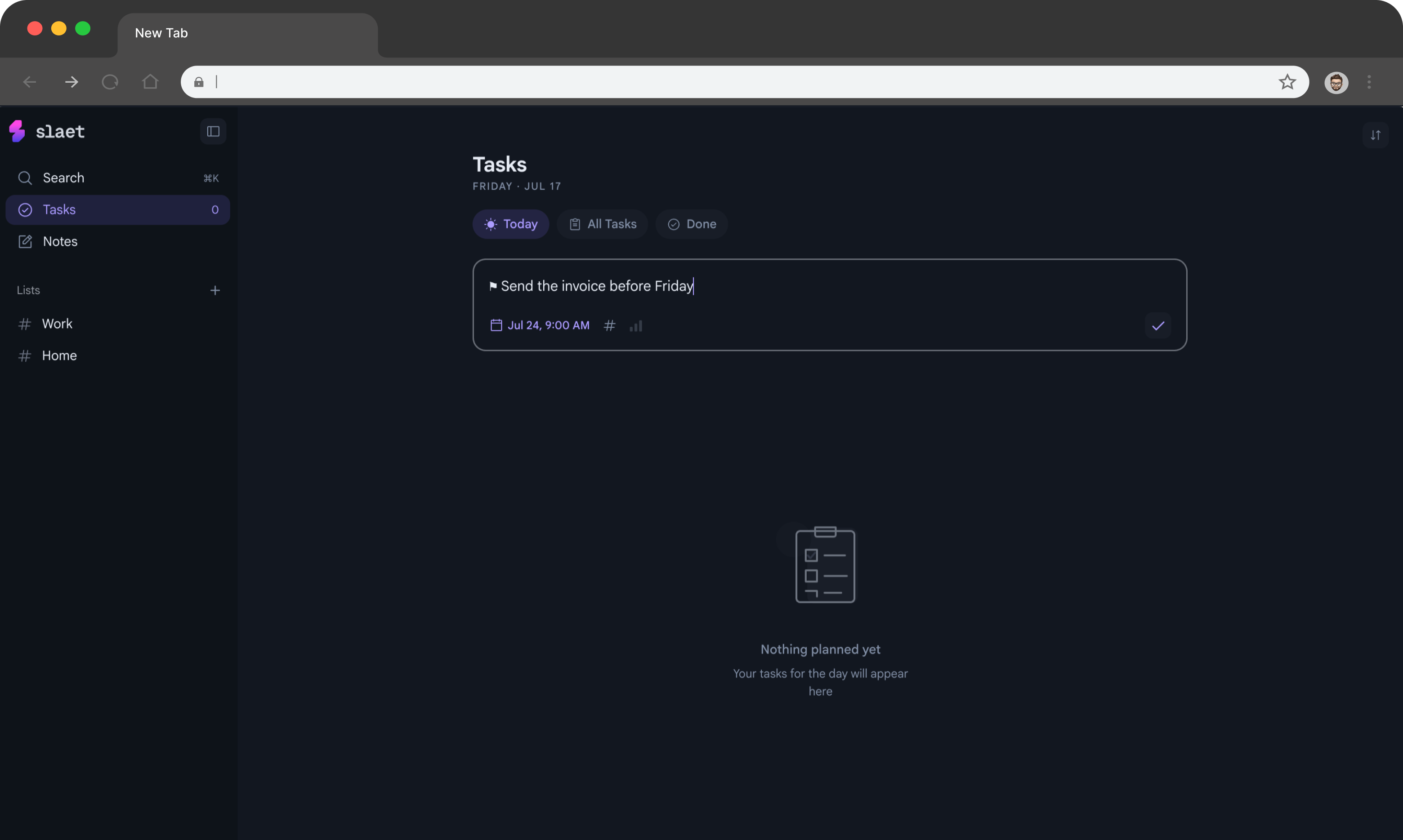 Typing a new task directly into the Slaet new tab, with due date, list, and priority ready to attach