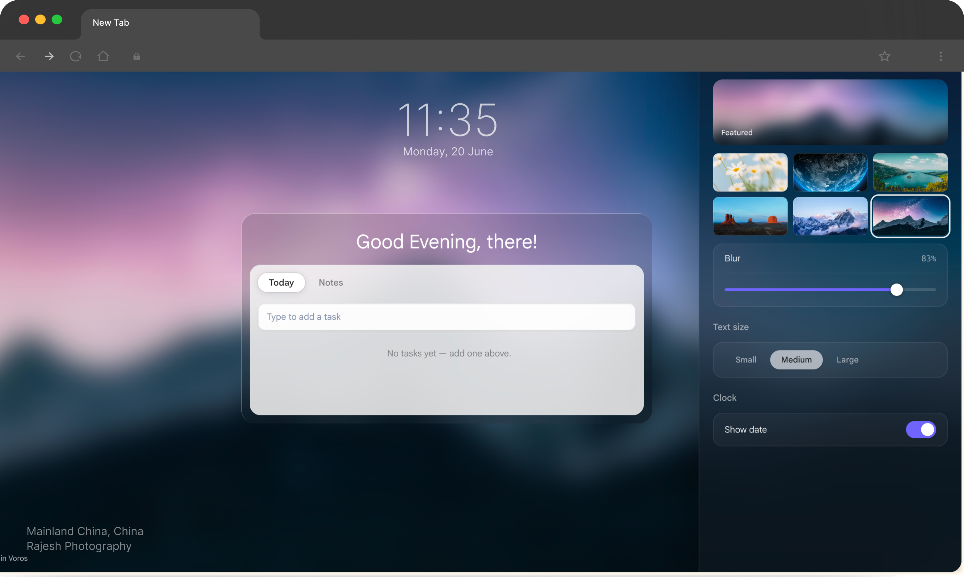 A Slaet new tab with a custom wallpaper, the wallpaper picker open, and a task panel ready for input